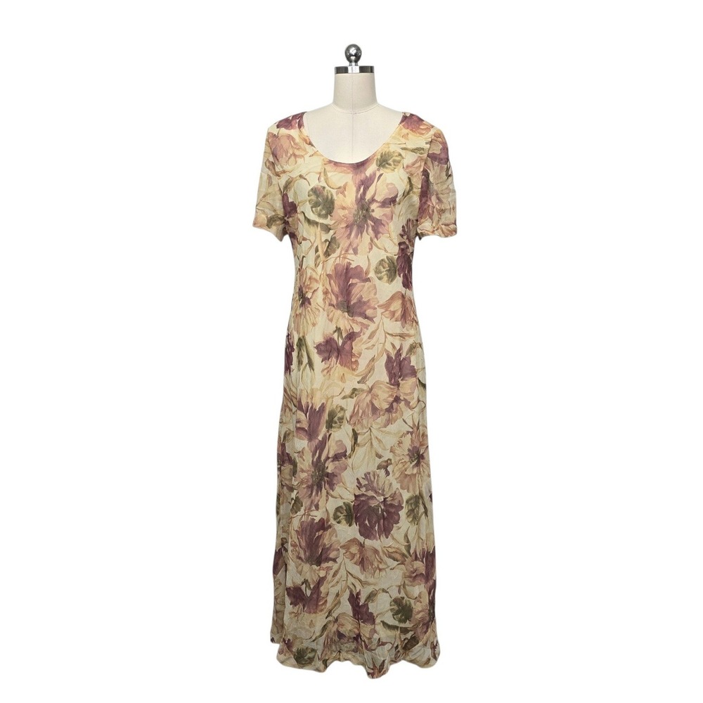Lady Carol Vintage Floral Maxi Dress Tan Mauve Short Sleeve Scoop Neck Size Med
